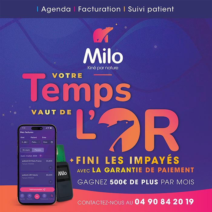 Logiciel kiné Milo : agenda, facturation, suivi patient, garantie de paiement